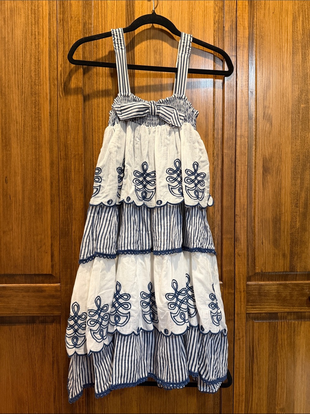 Women's Blue & White Tiered Embroidered Sundress with Bow Detail